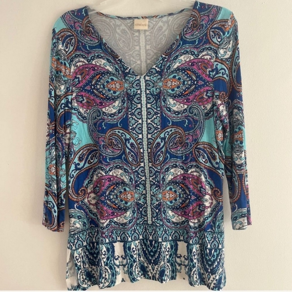 Chicos Women Top Blouse Size Medium Long Sleeves Crew Neck Floral Color